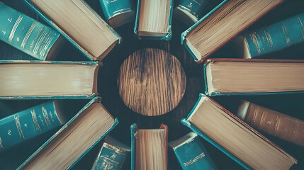 Books arranged in a circular pattern