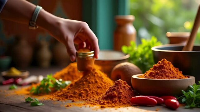 Aromatic Spices and Herbs on Rustic Wooden Table