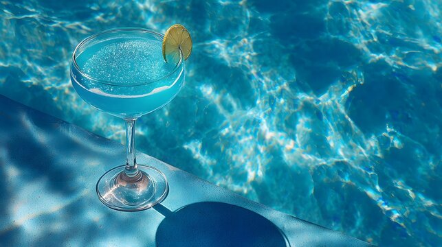 Top down angle of elegant cocktail glass with a vibrant blue lagoon drink placed poolside with turquoise water shimmering in the background sunny weather high contrast shadows and sparkling highlights
