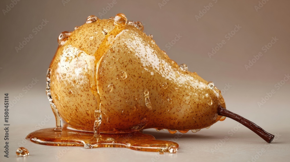 Poster hyperrealistic pear covered in honey with a smooth surface highlighting texture and gloss in a neutr