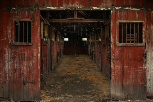 Open doors of an empty horse stable reveals stalls and scattered hay