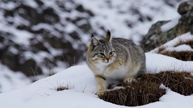 Pallas's Cat (Manul) in Snowy Mountain Landscape