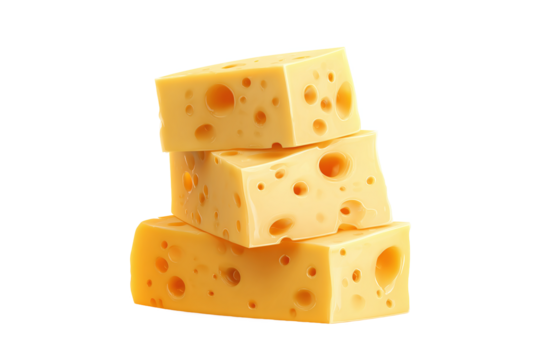 Three yellow cheese blocks stacked, isolated on white transparent background.
