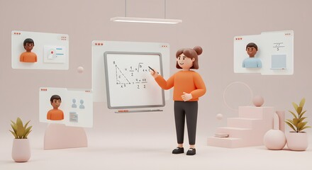 Interactive Digital Presentation Environment Featuring Woman Engaging with Virtual Team in Modern Workspace
