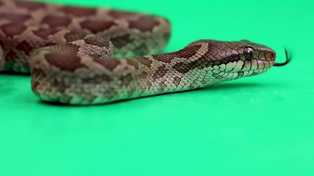 Patterned Brown and Tan Snake with Flicking Tongue on Vibrant Green Background, Studio Shot