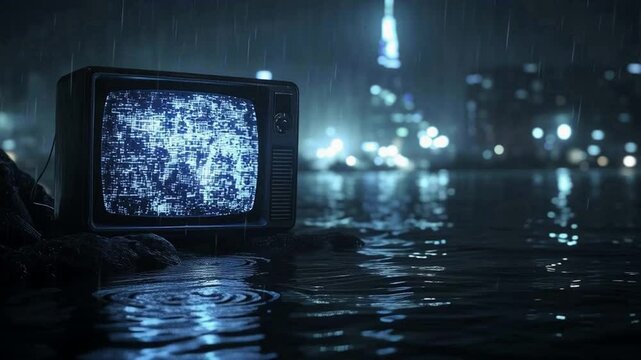 廃墟都市に佇む雨に濡れた砂嵐のブラウン管テレビ generative ai