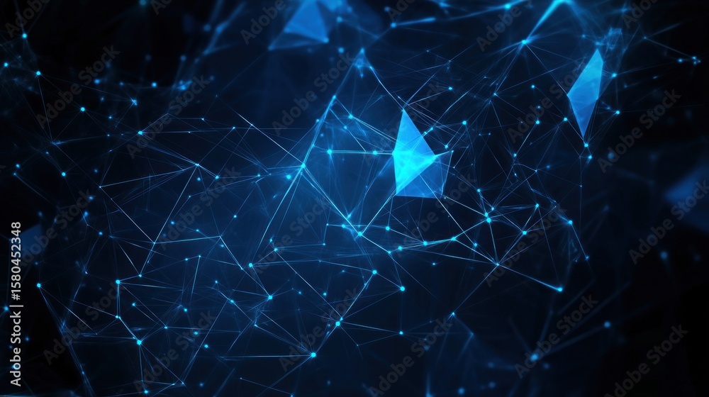 Poster a complex network of interconnected triangles in deep blue.