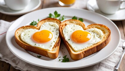 Heart-shaped fried eggs on toasted bread, a romantic breakfast.