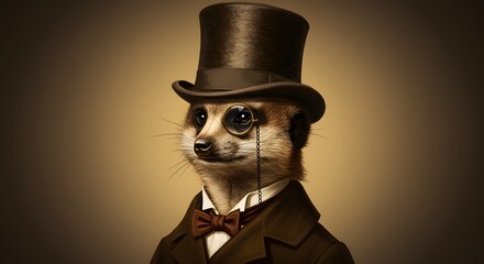 Charming Meerkat Dressed as a Gentleman in a Top Hat and Bow Tie Against a Dark Background