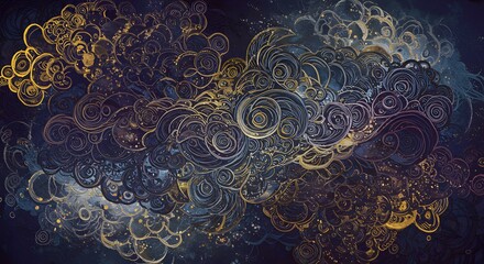 Starry Night Sky with Gold Swirls and Twinkling Lights in Abstract Cosmic Landscape