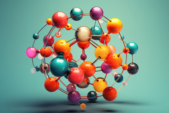 Molecular sphere design with interconnected atoms in a vibrant display
