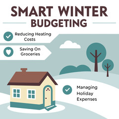 Fototapeta premium Illustration depicting smart winter budgeting with a house, calculator, and insulation tips on a blue backdrop