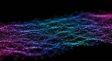 Abstract Digital Waves Creating Neon Light Patterns with Glowing Connections in Dark Background