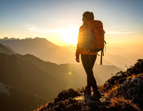 A hiker stands on a mountain peak at sunset
