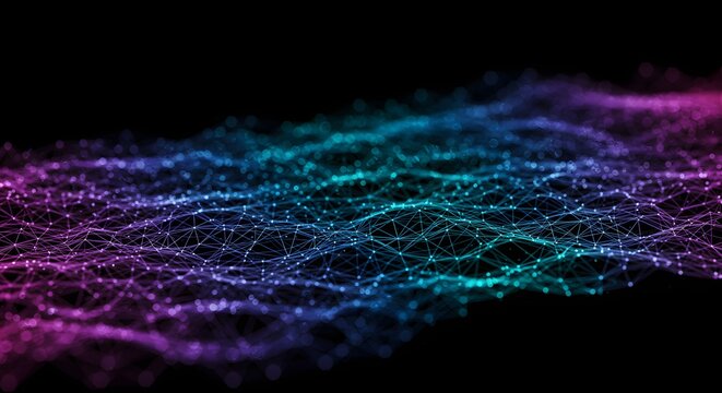 Abstract Digital Waves Creating Neon Light Patterns with Glowing Connections in Dark Background