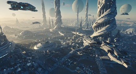 Futuristic Cityscape with Towering Structures and Flying Vehicles in a Cosmic Landscape
