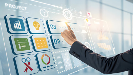 Hand Selecting Digital Icons Holographic Interface Project Management