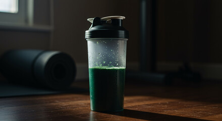 Shaker bottle with green health drink on a dark wooden floor, bathed in subtle light. A yoga mat is in the background, creating a moody home workout and wellness scene, perfect for fitness