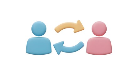 Conceptual Illustration of Two People Exchanging Ideas Represented by Colorful Arrows and Icons