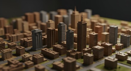 Detailed Miniature Model of an Urban Cityscape Featuring Skyscrapers and Brown Buildings