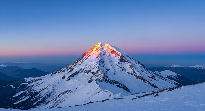 Majestic snow-capped volcano glows orange at sunrise, casting long shadows across a vast, serene landscape.