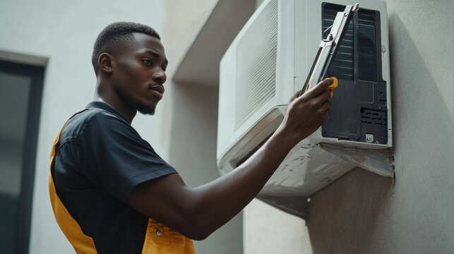 african american technician repairing air conditioner unit on building wall. hvac professional in work uniform with tools. concept of maintenance and repair. service industry promotion.