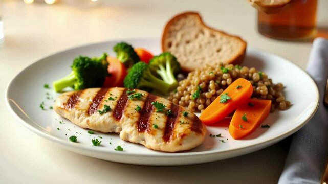 Grilled Chicken Breast with Roasted Vegetables and Grain Medley, Healthy Diet Plate