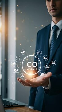 CO2 Credit Concept: A businessman presents a digital illustration signifying sustainable carbon credits for a greener, ecological future.