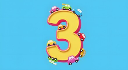 Playful Cartoon Number Three Surrounded by Colorful Cars on a Bright Blue Background