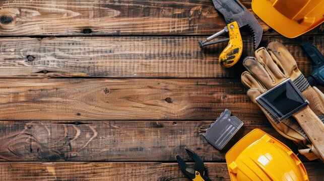 Tools and safety gear for national builder day celebration on rustic wooden surface. Horizontal banner. Copy space. International Workers Day. Safety and Health at Work