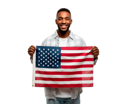 Patriotic celebration with smiling man holding american flag on transparent background, PNG
