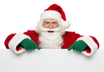 A jolly santa claus with a white beard and glasses points to a blank white sign, isolated on a transparent background, embodying the spirit of christmas