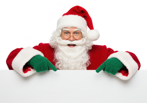 A jolly santa claus with a white beard and glasses points to a blank white sign, isolated on a transparent background, embodying the spirit of christmas