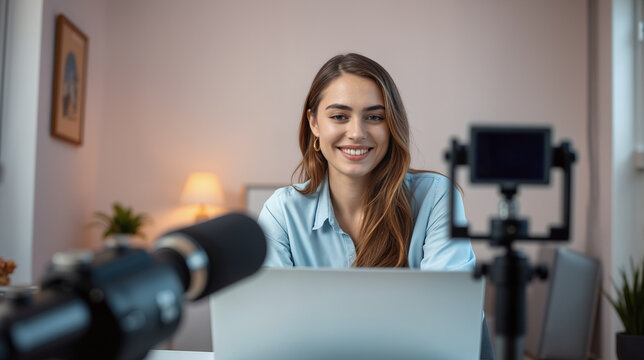Young Woman Content Creator Recording Video Blog or Podcast at Home Office with Professional Camera Equipment and Laptop Computer