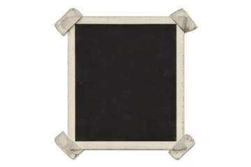 Blank old photo frame attached with four pieces of adhesive tape on transparent background, creating a vintage and nostalgic feel