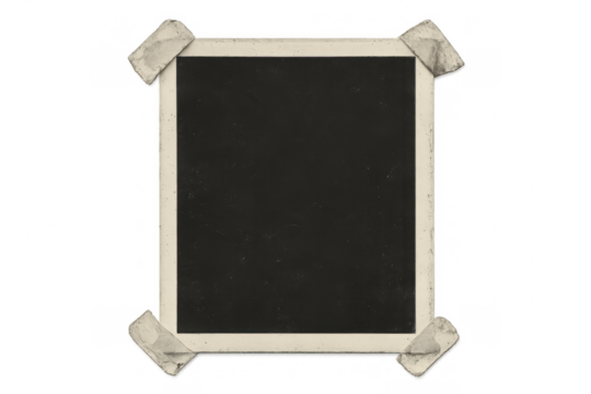 Blank old photo frame attached with four pieces of adhesive tape on transparent background, creating a vintage and nostalgic feel