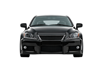 Sleek black sports car front view on transparent background, PNGg