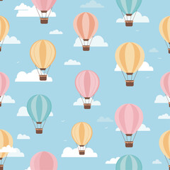 Pastel hot air balloons float in a sky dotted with clouds, creating a whimsical pattern.
