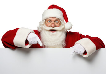 Naklejka premium A jolly santa claus with a white beard and glasses points to a blank white sign, isolated on a transparent background, embodying the spirit of christmas