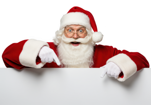 A jolly santa claus with a white beard and glasses points to a blank white sign, isolated on a transparent background, embodying the spirit of christmas