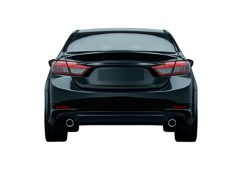 Sleek black modern car rear view on transparent background, PNG