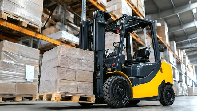 Loader forklift stacking pallets high with bulk paper goods in a supermarket&rsquo;s warehouse storage area
