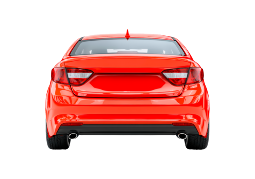 Red sedan rear view on transparent background, PNG