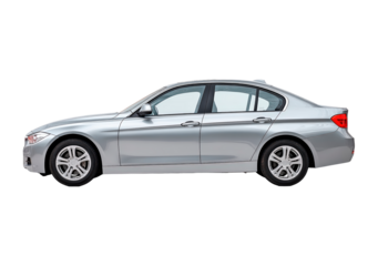 Sleek silver sedan side view on transparent background, PNG