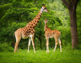 A giraffe with her baby in a beautiful green forest.