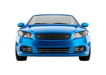 Sleek blue sedan front view on transparent background, PNG