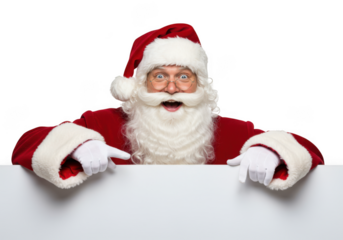A cheerful santa claus with a white beard and hat points down at a blank white sign, isolated on a transparent background