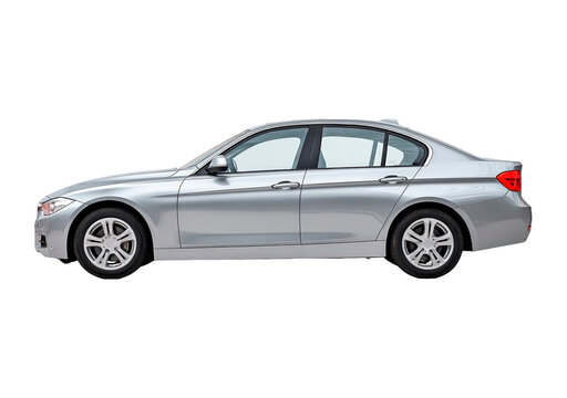 Sleek silver sedan side view on transparent background, PNG