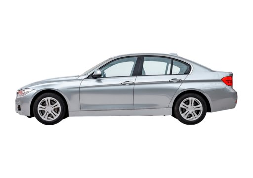 Sleek silver sedan side view on transparent background, PNG