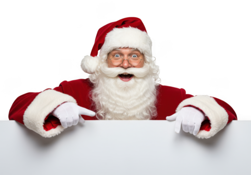 A cheerful santa claus with a white beard and hat points down at a blank white sign, isolated on a transparent background